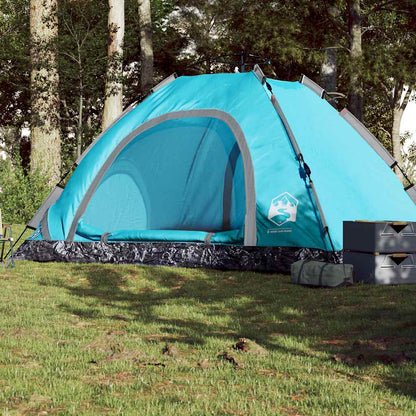 Blauwe vidaXL 5-persoons tent met snelontgrendeling, zijaanzicht in groene omgeving.