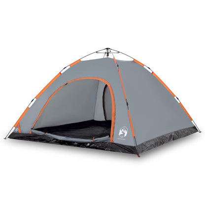 Zijaanzicht van de vidaXL tent in grijs en oranje, met open ingang en ruime binnenkant.