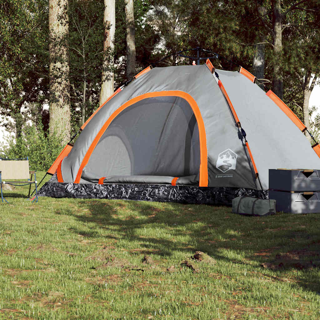 Detail van de vidaXL tent met grijze en oranje kleuren, zijaanzicht met open ingang.