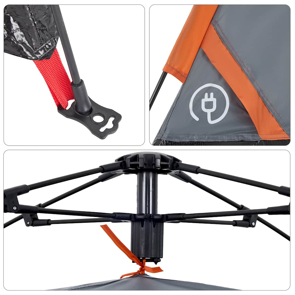 Detail van het snelspansysteem en E-port van de vidaXL 5-persoons tent in grijs en oranje.