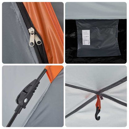 Detail van de rits en bevestigingspunten van de vidaXL 5-persoons tent in grijs en oranje.