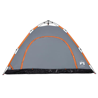 Detail van de grijze vidaXL tent met oranje accenten en grote ingang.