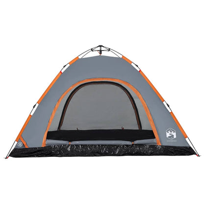 Detail van de grijze vidaXL tent met oranje accenten en grote vooropening.