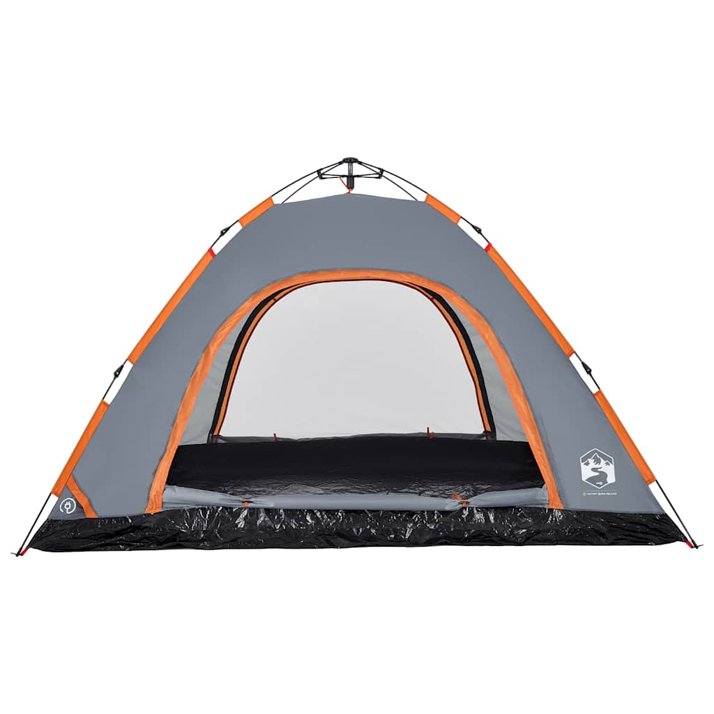 Detail van de vidaXL 5-persoons tent in grijs en oranje, met een grote ingang.