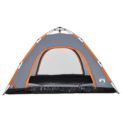 Detail van de vidaXL 5-persoons tent in grijs en oranje, met een grote ingang.