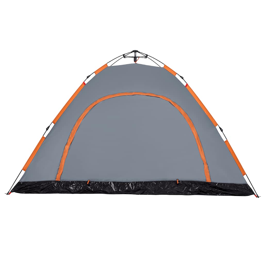 Detail van de grijs-oranje vidaXL tent met snelontgrendeling, zijaanzicht van de ingang.