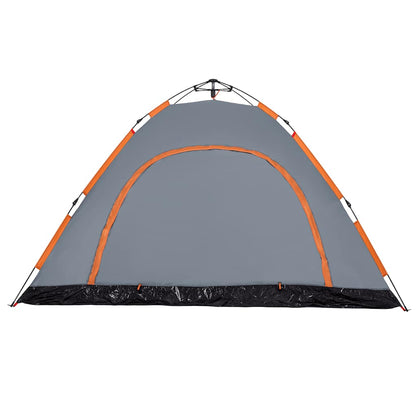 Detail van de grijs-oranje vidaXL tent met snelontgrendeling, zijaanzicht van de ingang.