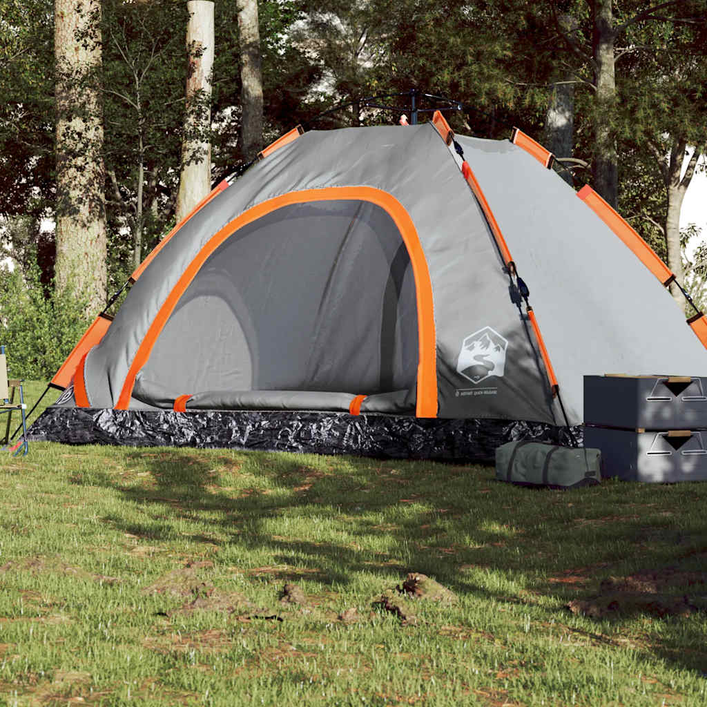 Tent vidaXL 5-persoons in grijs en oranje met snelontgrendeling en grote ingang.