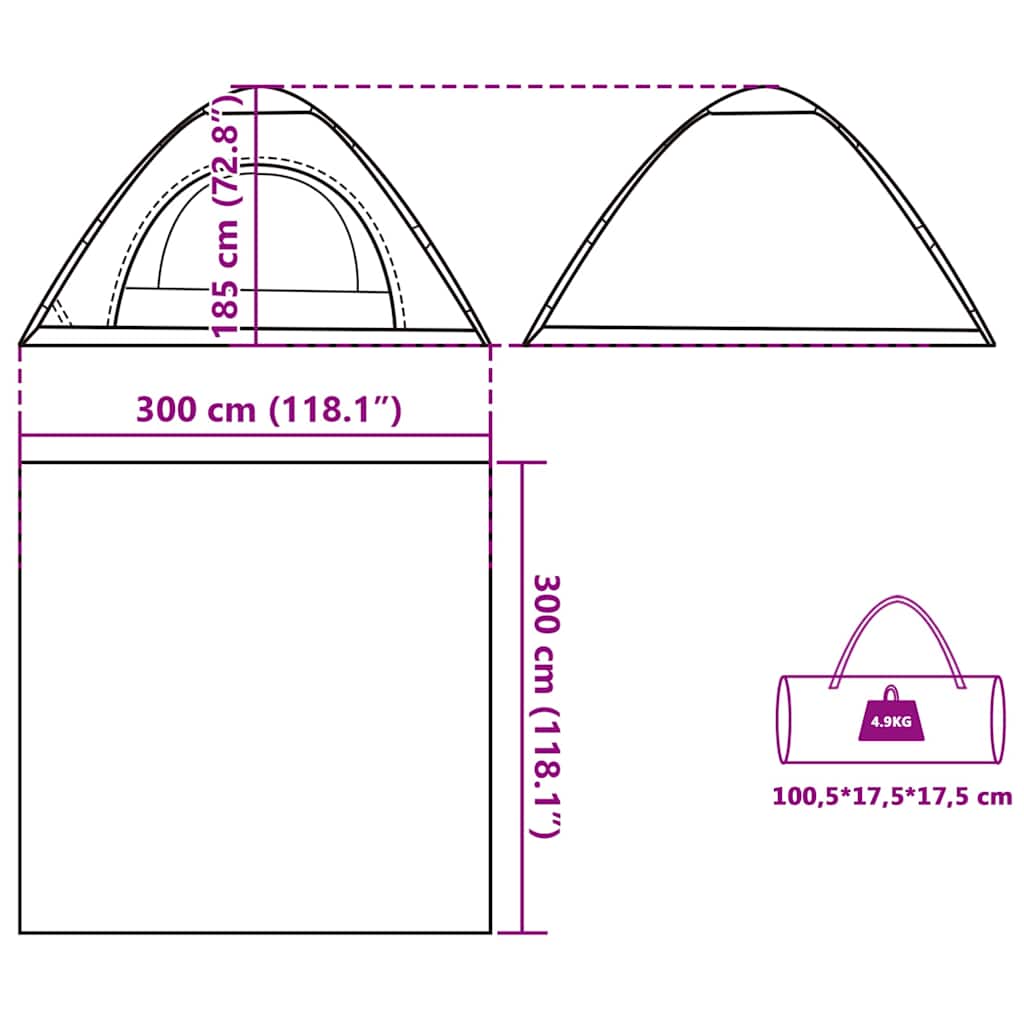 Detailtekening van de vidaXL 5-persoons tent met afmetingen en draagtas.