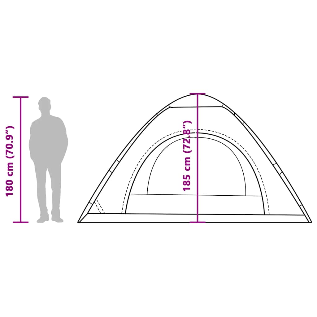 Zijaanzicht van de vidaXL tent met afmetingen en silhouet van een persoon voor schaal.