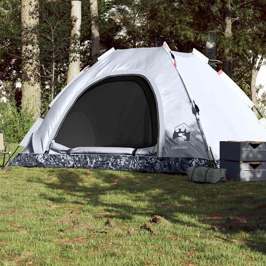 Witte vidaXL tent voor 5 personen met verduisterende stof en grote ingang.