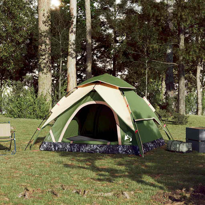 Detail van de vidaXL koepeltent in groen, opgezette tent in bosrijke omgeving.