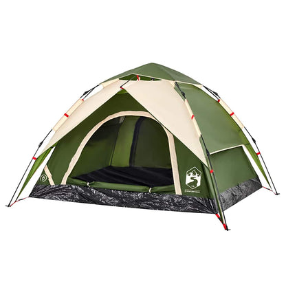 Detail van de vidaXL koepeltent in groen met snelontgrendeling en open deur.