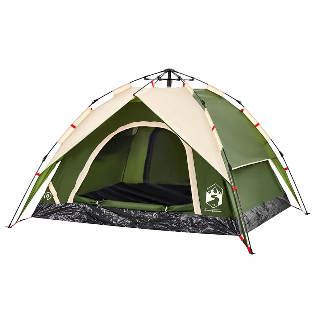 Detail van de vidaXL koepeltent met snelontgrendeling in groen, zijaanzicht met open ingang.