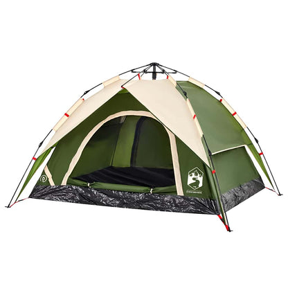 Detail van de vidaXL koepeltent met snelontgrendeling in groen, zijaanzicht met open ingang.