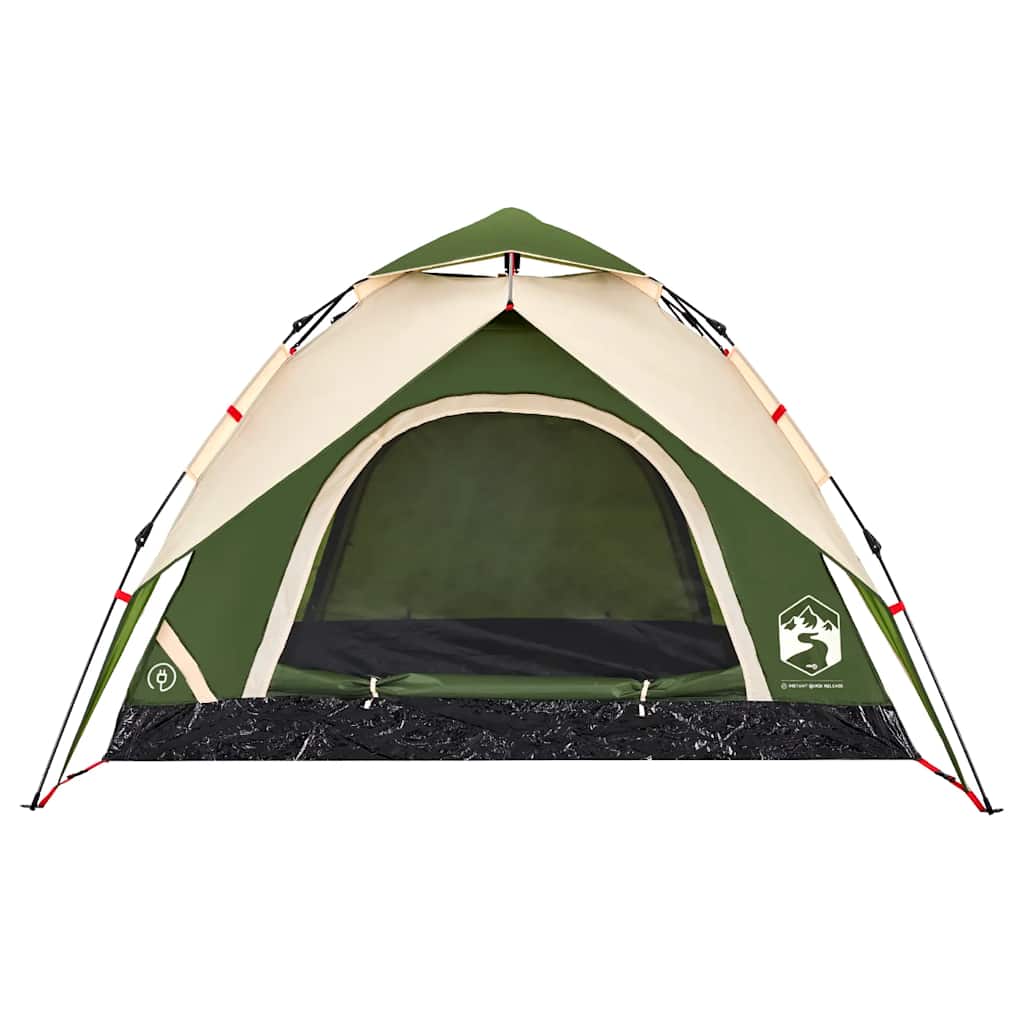 Detail van de vidaXL koepeltent in groen met snelontgrendeling, zijaanzicht van de ingang.