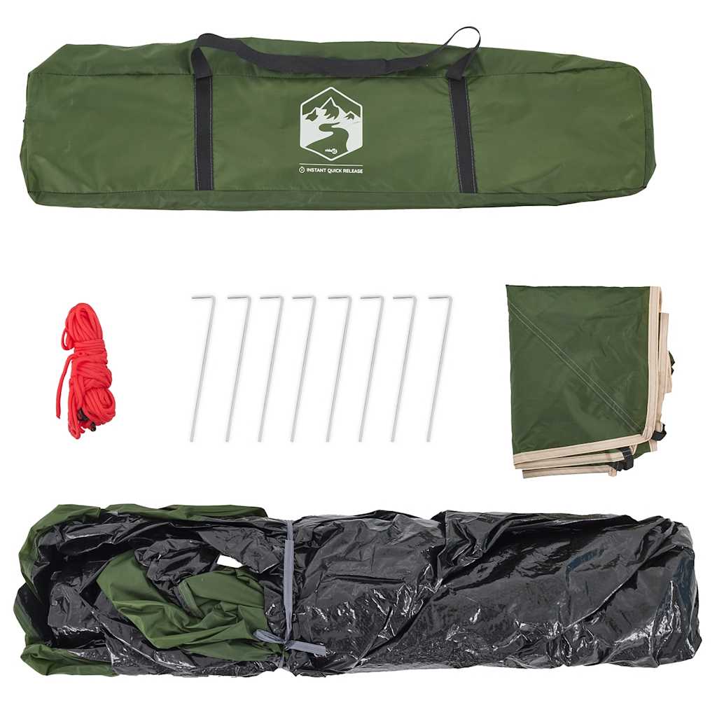 Detail van de groene vidaXL koepeltent met accessoires zoals haringen en scheerlijnen.