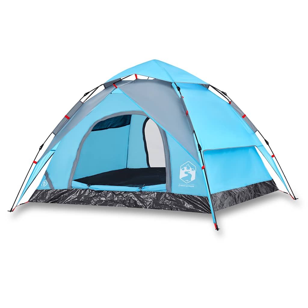 Zijaanzicht van de vidaXL koepeltent in blauw met open ingang en ventilatieroosters.