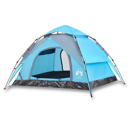 Zijaanzicht van de vidaXL koepeltent in blauw met open ingang en ventilatieroosters.