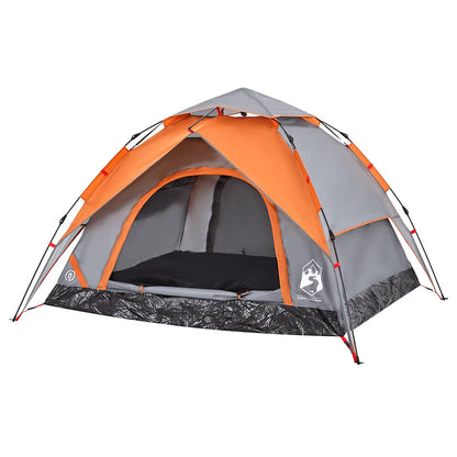 Detail van de vidaXL koepeltent in grijs en oranje met open ingang.