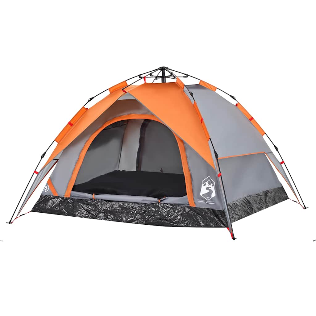 Detail van de vidaXL koepeltent in grijs en oranje, met open ingang en waterdichte bodem.