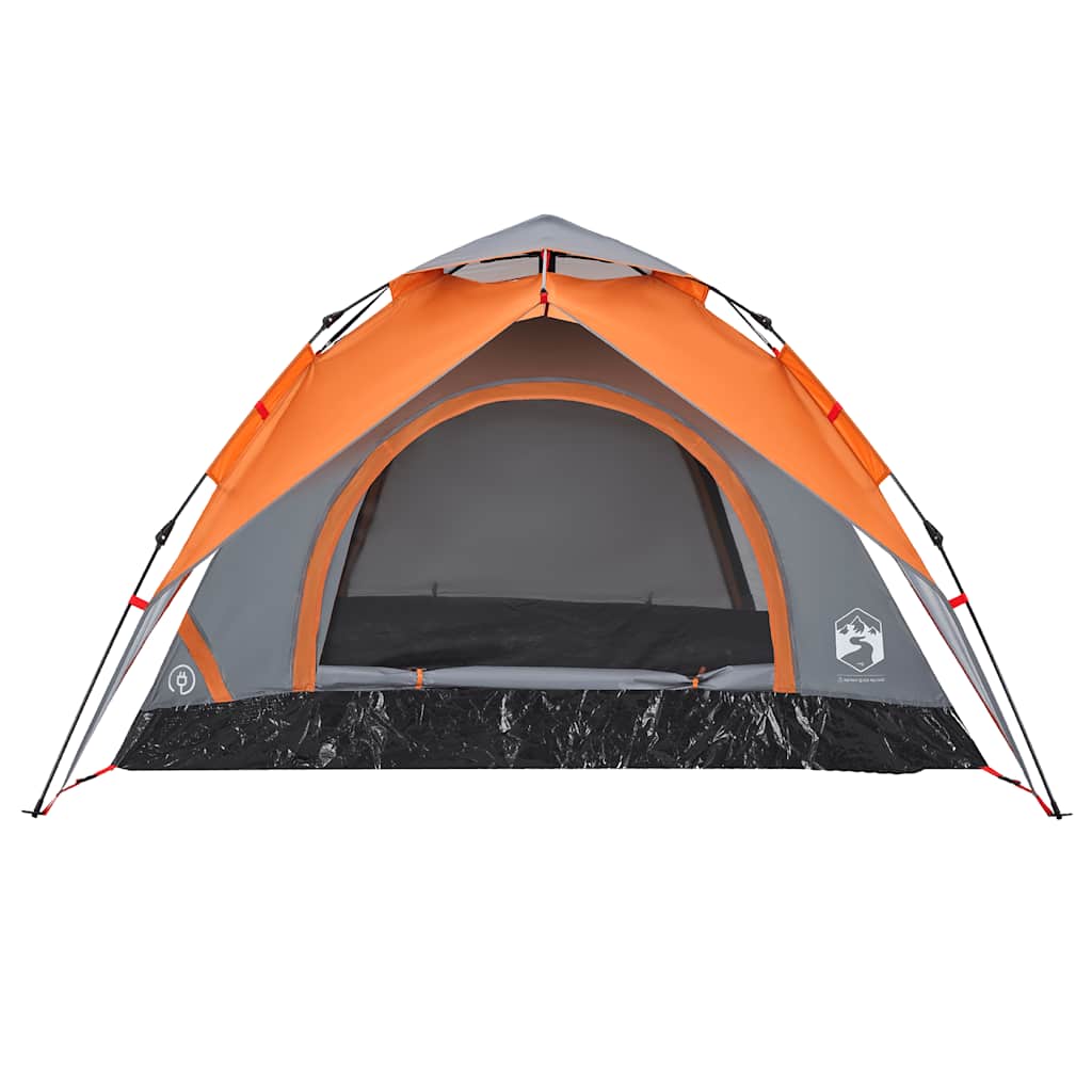 Detail van de vidaXL koepeltent in grijs en oranje, zijaanzicht met open ingang.