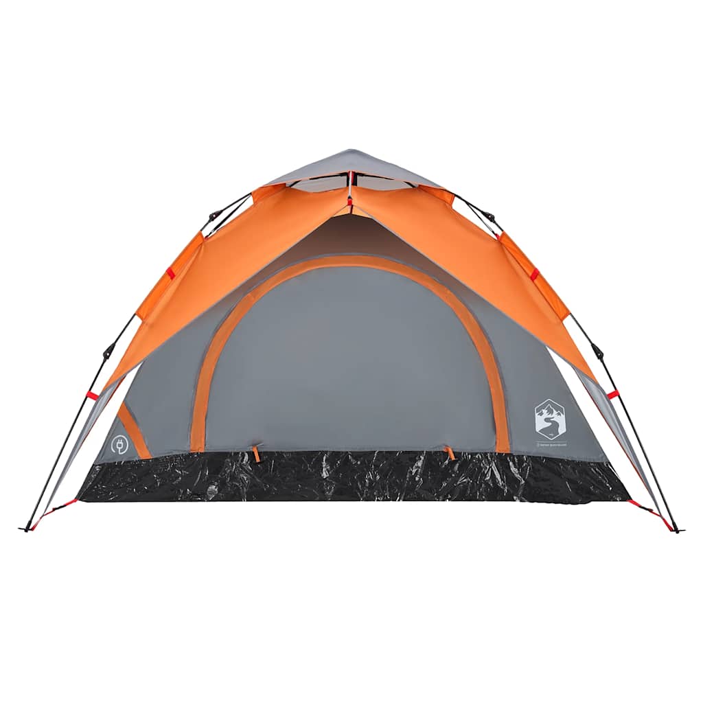 Detail van de vidaXL koepeltent met grijze en oranje kleuren, zijaanzicht van de ingang.