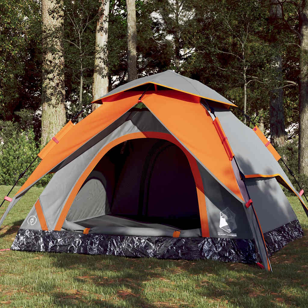 Grijze vidaXL koepeltent voor 3 personen met oranje details, open vooraanzicht.