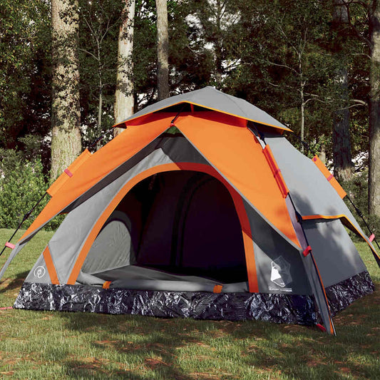 Grijze vidaXL koepeltent voor 3 personen met oranje details, open vooraanzicht.