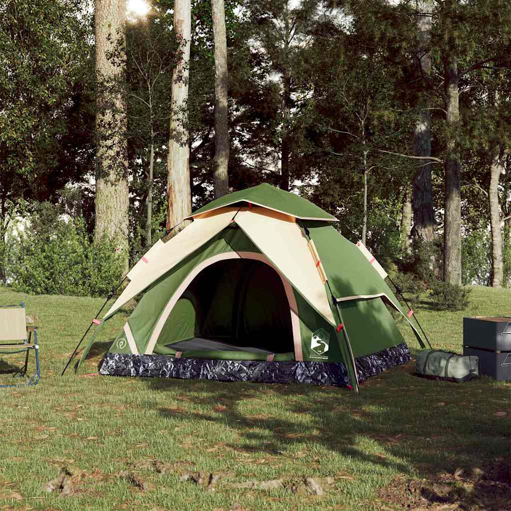 Detail van de vidaXL koepeltent in groen, zijaanzicht met open ingang in bosrijke omgeving.