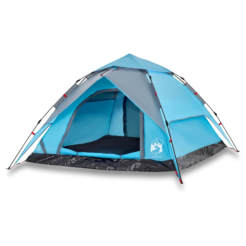 Zijaanzicht van de vidaXL koepeltent in blauw met open ingang en ventilatieroosters.