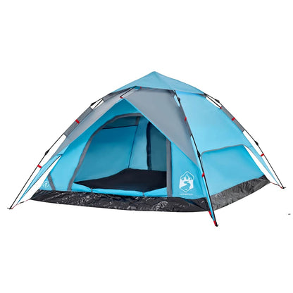 Zijaanzicht van de vidaXL koepeltent in blauw met open ingang en ventilatie.