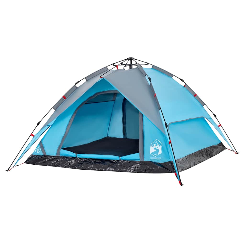 Detail van de vidaXL koepeltent in blauw met open ingang en grijze luifel.