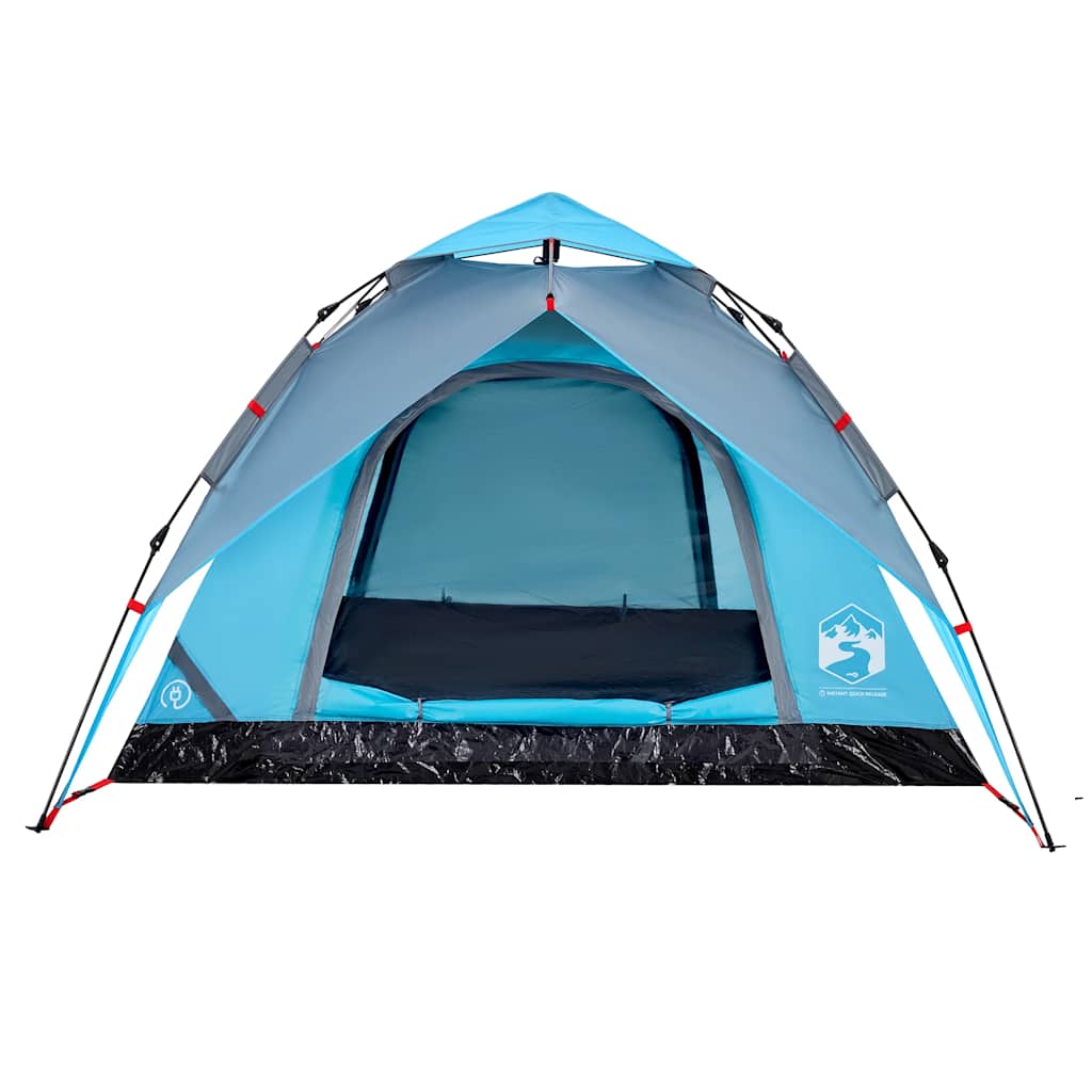 Detail van de vidaXL koepeltent in blauw, met open ingang en waterdichte onderrand.