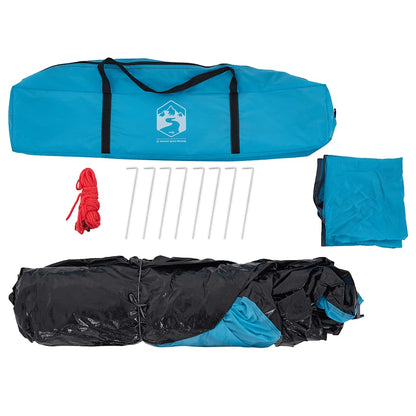 Blauwe vidaXL koepeltent met accessoires zoals haringen en scheerlijnen, overzicht van de inhoud.