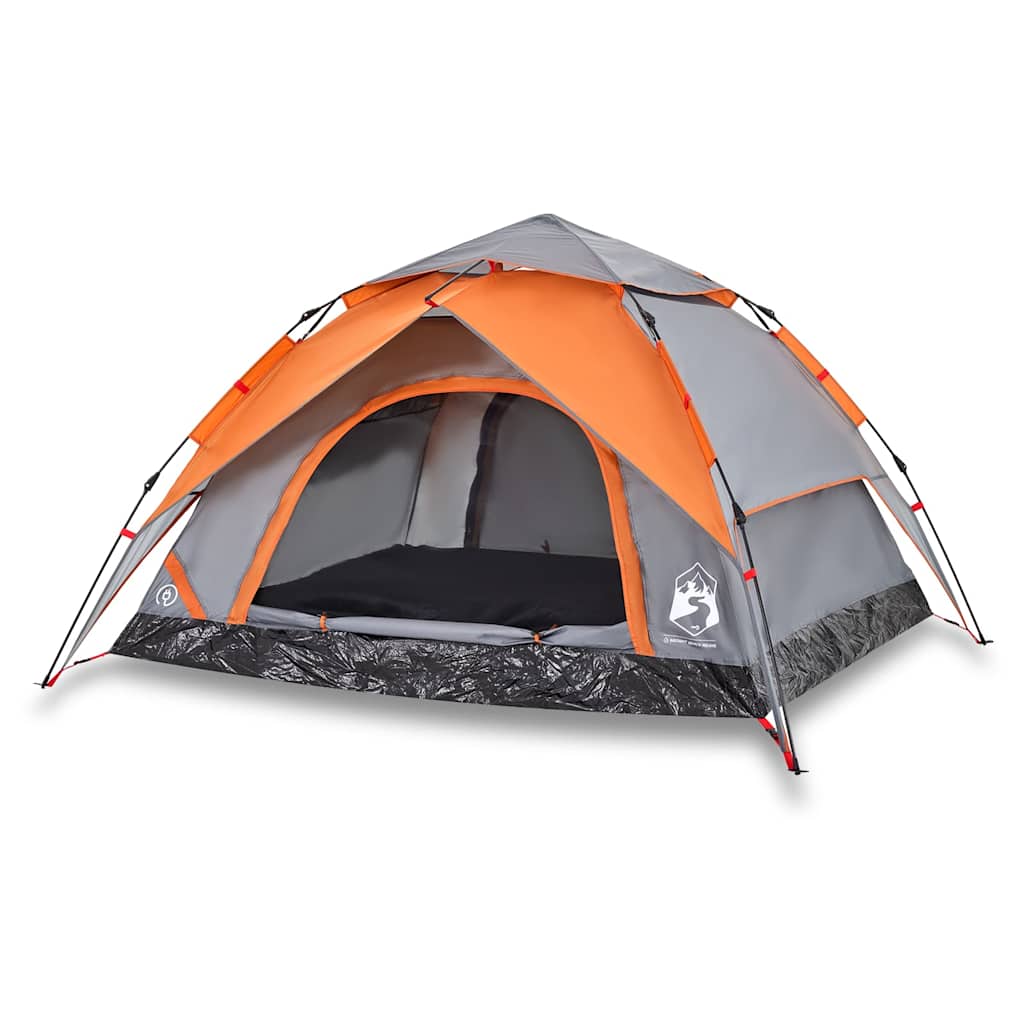Detail van de vidaXL koepeltent in grijs en oranje met open ingang en ventilatieroosters.