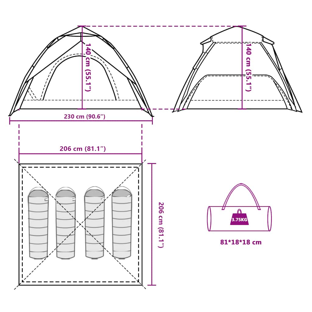 Detail van de vidaXL koepeltent met afmetingen en opbergmogelijkheden in grijs en oranje.