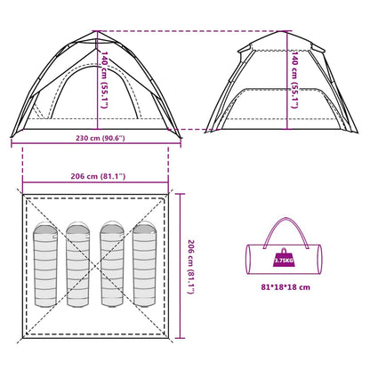 Detail van de vidaXL koepeltent met afmetingen en opbergmogelijkheden in grijs en oranje.