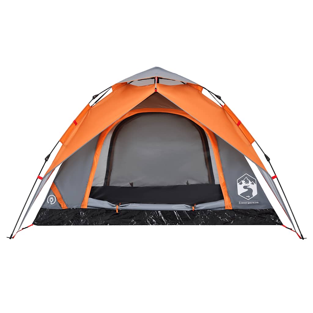 Detail van de vidaXL koepeltent in grijs en oranje, met open ingang en waterdichte onderzijde.