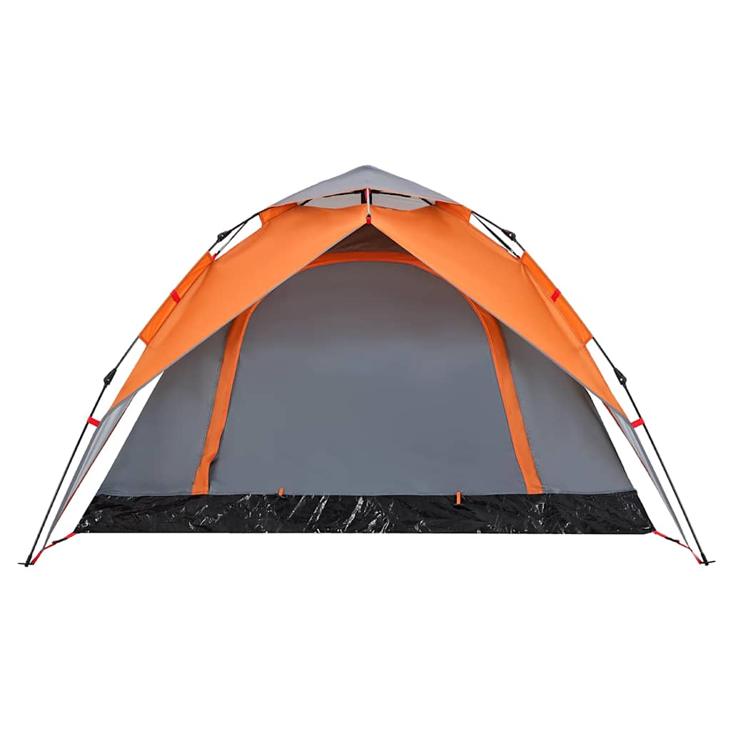 Detail van de grijs-oranje vidaXL koepeltent met snelontgrendeling en open ingang.