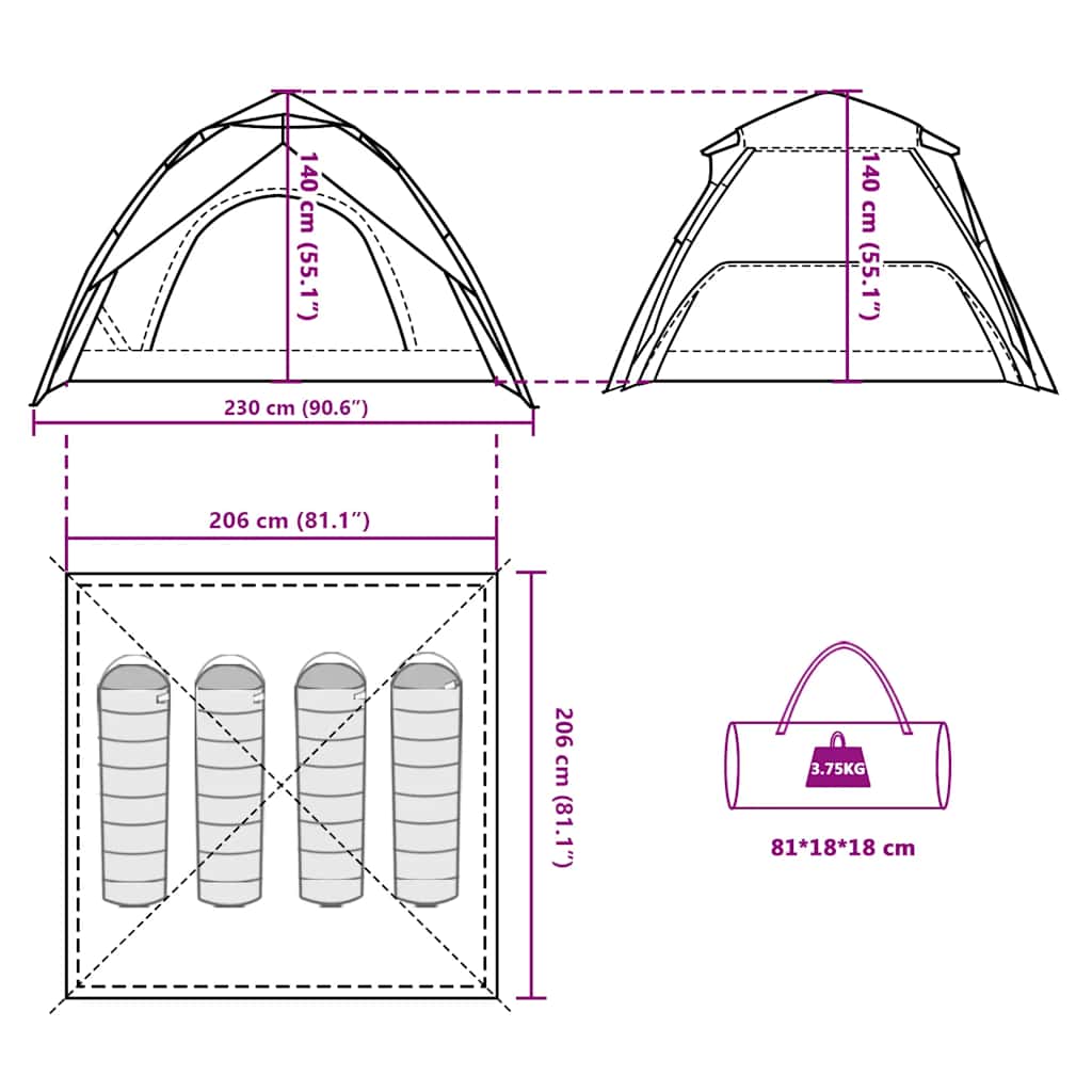 Detail van de afmetingen en opbergmogelijkheden van de vidaXL koepeltent voor 4 personen.
