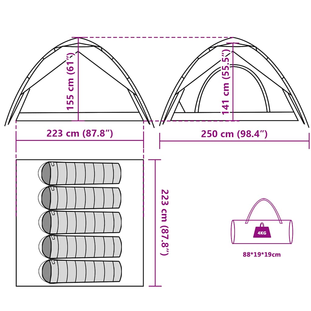 Detail van de afmetingen en opzetinstructies van de vidaXL koepeltent 5-persoons.
