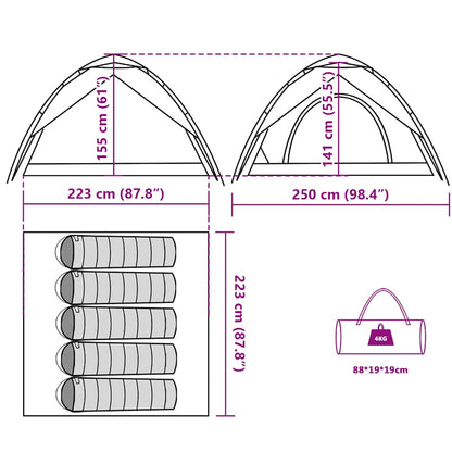 Detail van de afmetingen en opzetinstructies van de vidaXL koepeltent 5-persoons.