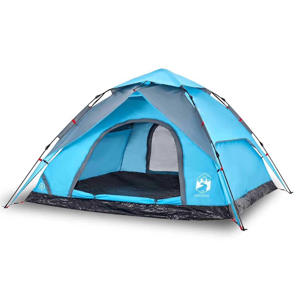 Zijaanzicht van de vidaXL koepeltent in blauw met open ingang en ventilatie.