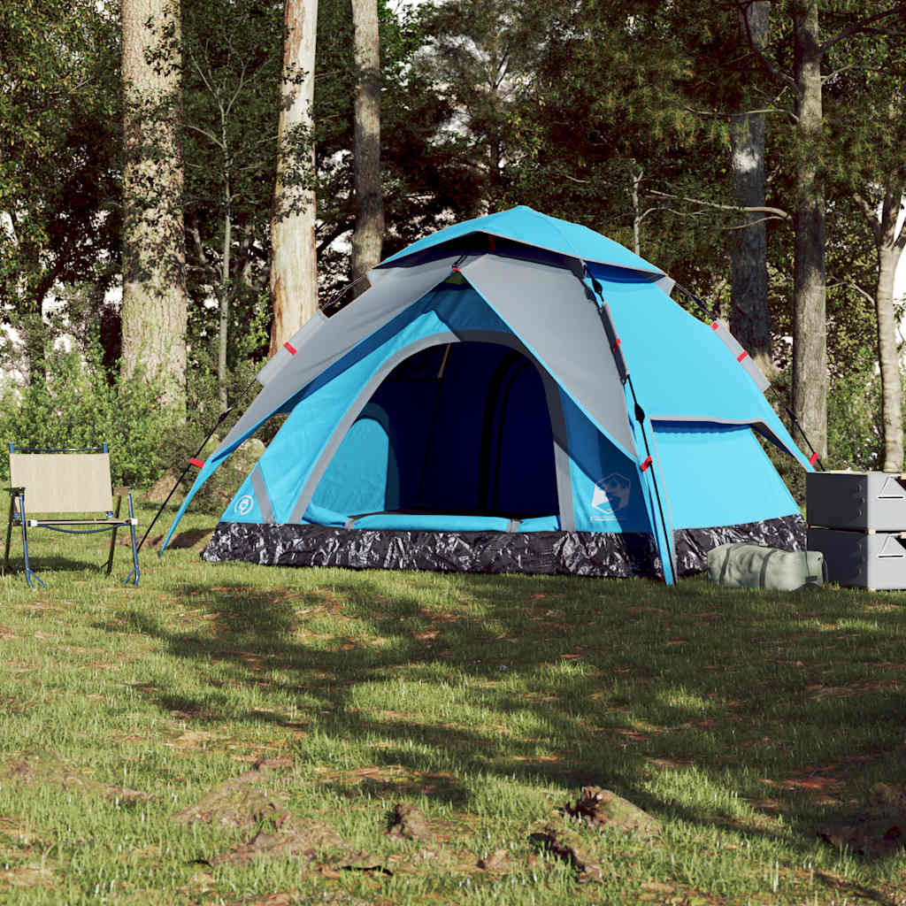 Detail van de vidaXL koepeltent in blauw, met open ingang en groene omgeving.