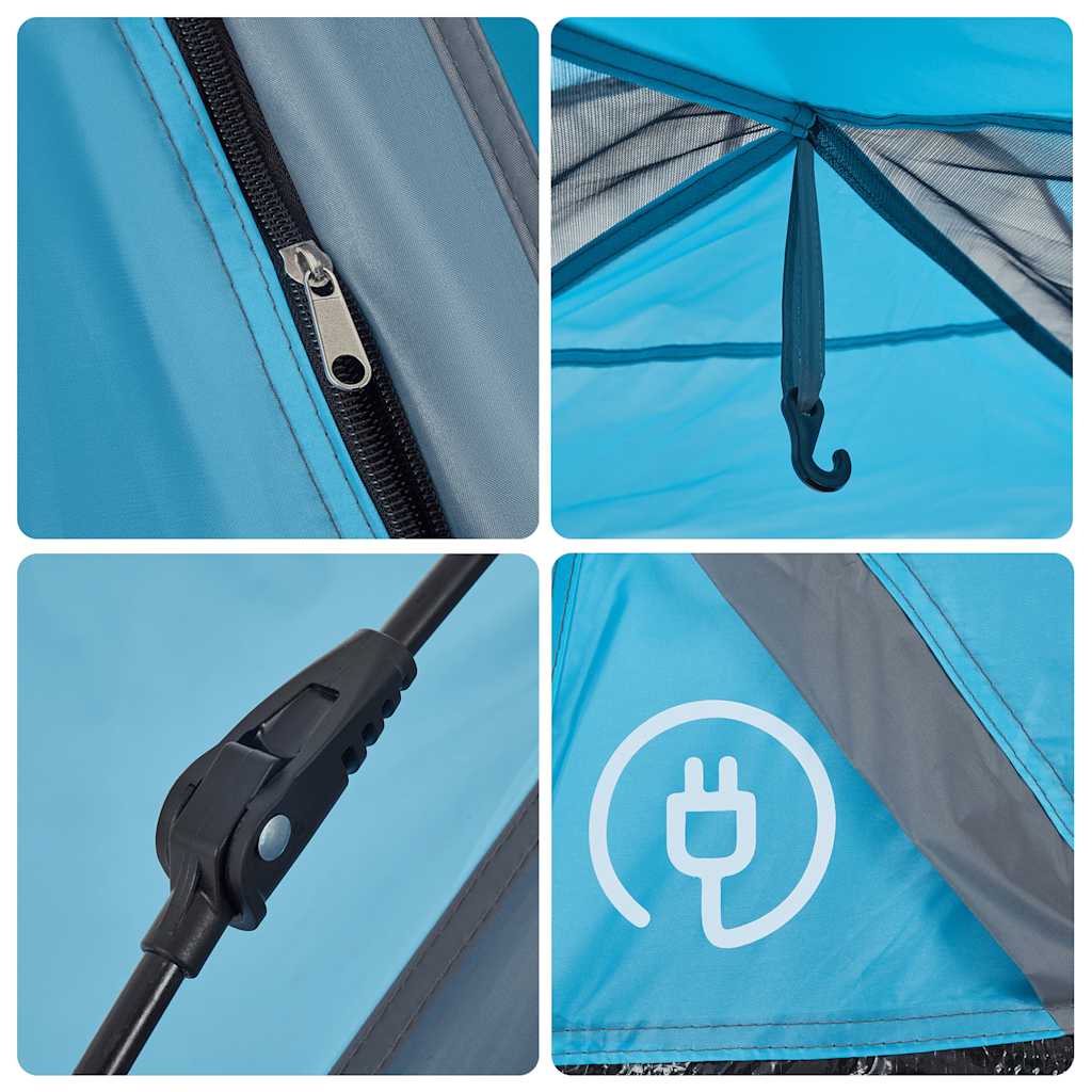 Detail van de blauwe vidaXL koepeltent met rits, haak en kabeldoorvoer.