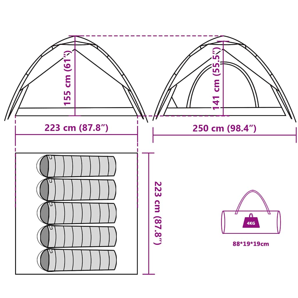 Detailweergave van de afmetingen en het ontwerp van de vidaXL koepeltent.