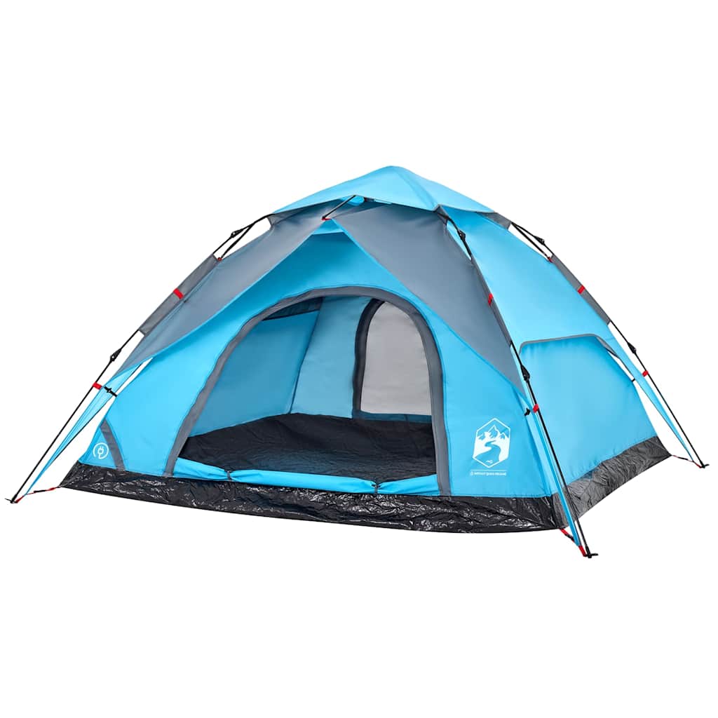 Detail van de vidaXL koepeltent in blauw, met open ingang en ventilatieroosters.