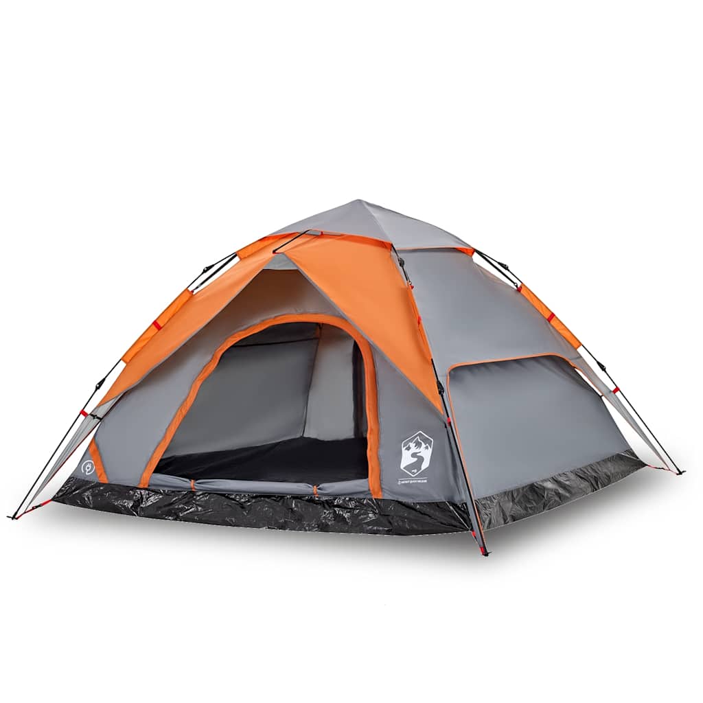 Detail van de vidaXL koepeltent in grijs en oranje, met open ingang en ventilatieroosters.