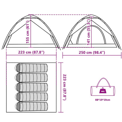 Detail van de afmetingen en indeling van de vidaXL 5-persoons koepeltent.